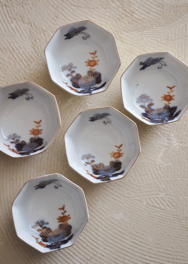 伊万里色絵小鉢5客セット 八角小鉢 菊紋様 Antique Sam's Collection
