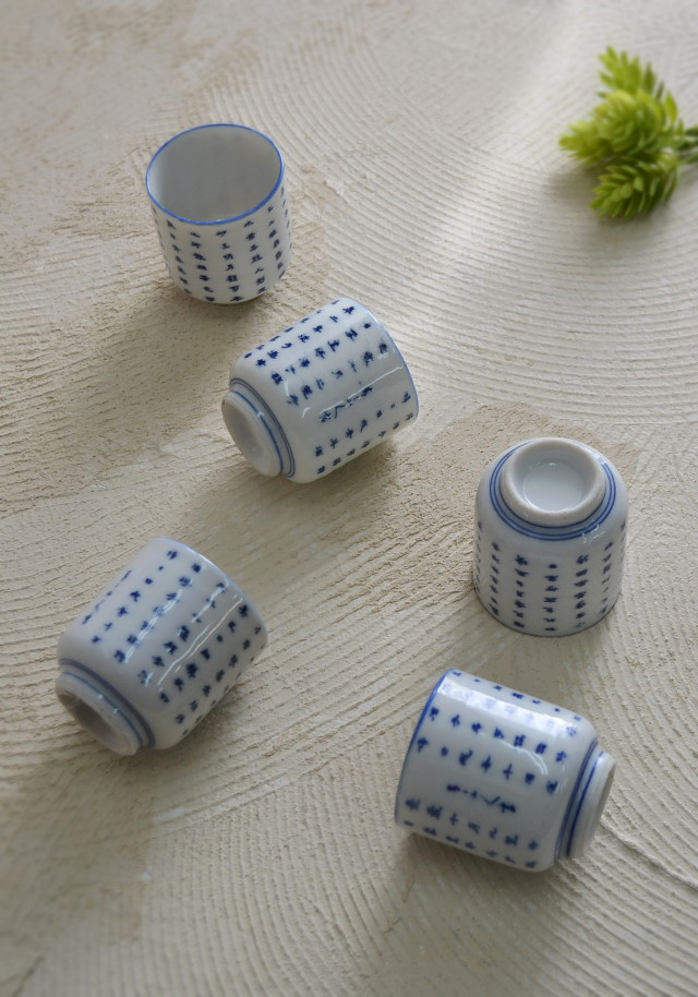 Antique Sam's Collection 染付印判漢詩紋湯呑 のぞき猪口 5客組