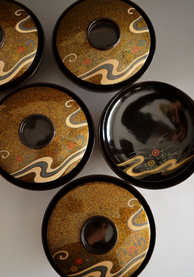 CL82 時代 加賀蒔絵 花鳥金蒔絵 黒塗椀 五客 雀 芙蓉 牡丹 梨地 研出