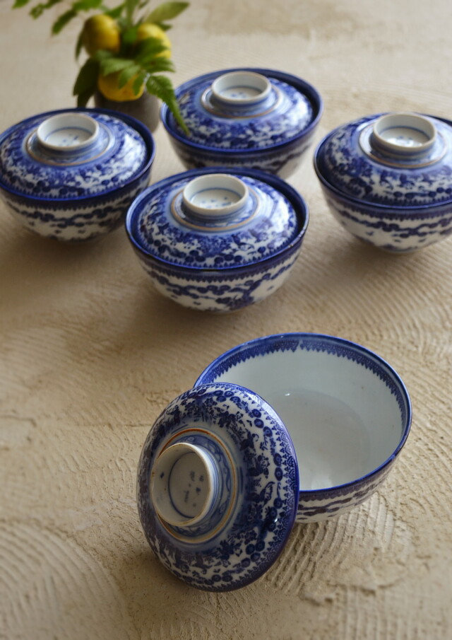 青花 染付 蓋付茶碗 六客揃 博古図 茶道具 茶入 茶器 時代物 中国