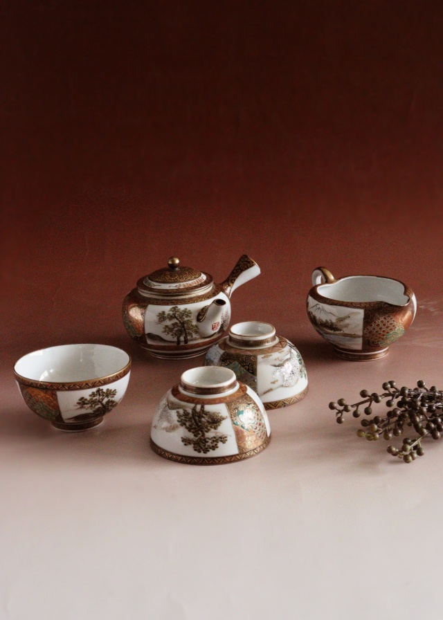 煎茶道具 九谷焼 赤絵 人物文 煎茶碗 六客 仕覆・時代箱付 M R7559