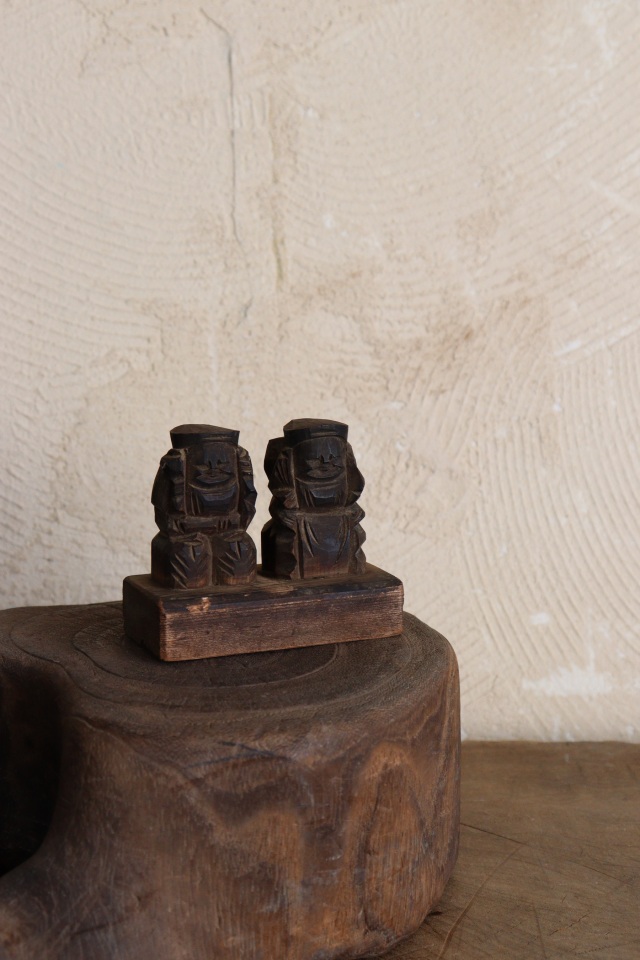 小さな恵比寿大黒像 木彫 福神様 豆仏 Antique Sam's Collection