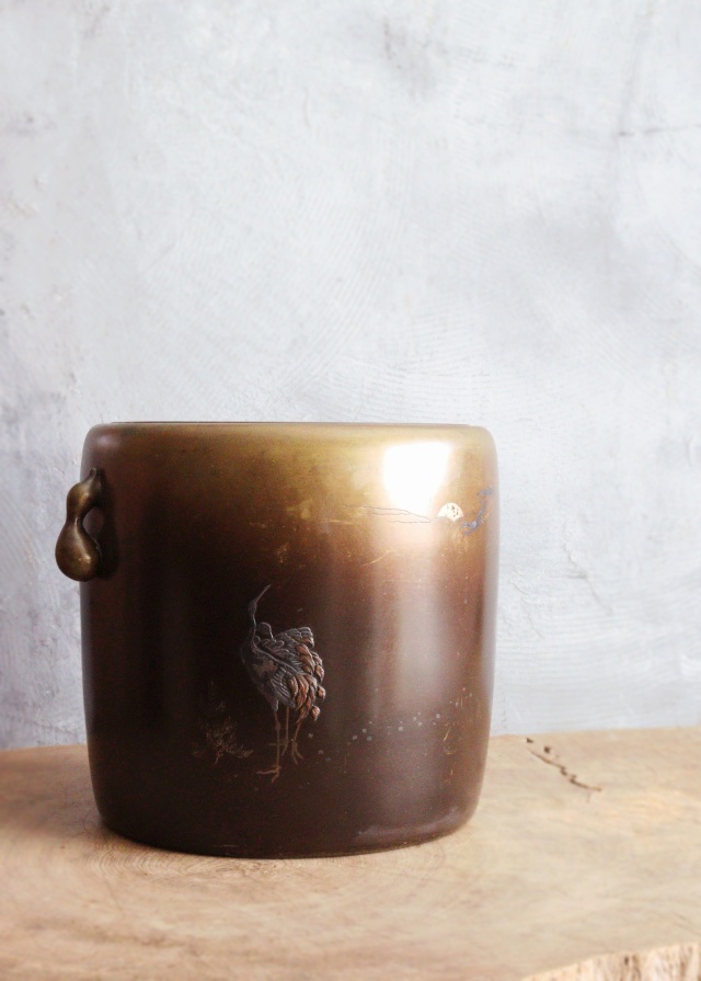 高肉象嵌火鉢 立鶴 銀象嵌 瓶掛け 火鉢 手あぶり 鉢カバー 骨董