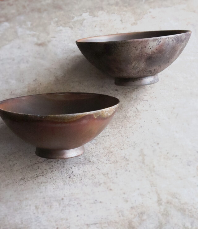 備前焼き 備前茶碗2客組 飯碗 皿 岸本明彦作