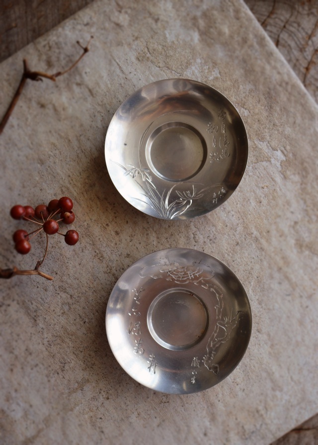 古錫円形茶托 「建隆年製」印 錫茶托 5枚組 茶道具 中国