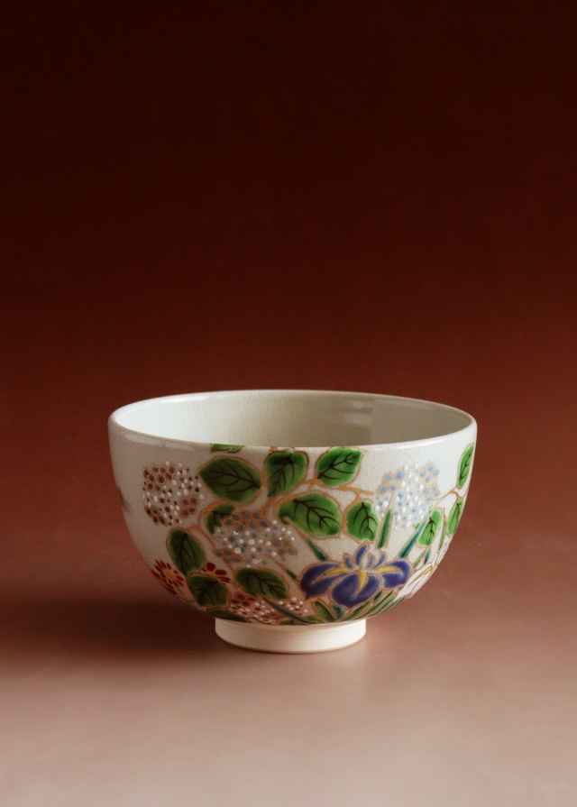 仁清写菖蒲紫陽花絵茶碗 中村陶彩作茶碗 京焼 茶道具 抹茶碗