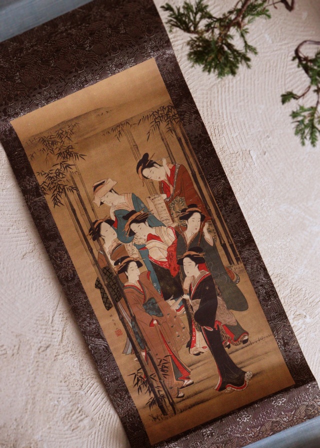 掛軸 竹堂? 立姿美人図 立美人図 浮世絵 美人画 日本画 絹本 落款 掛軸