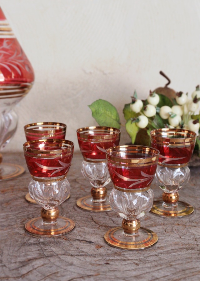 美品】ボヘミアングラス デキャンタ ワイングラス6個 レッド 金彩