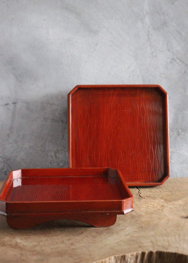 隅切 折敷 朱塗り 盆 古美術 古道具 アンティーク 盆 折敷盆