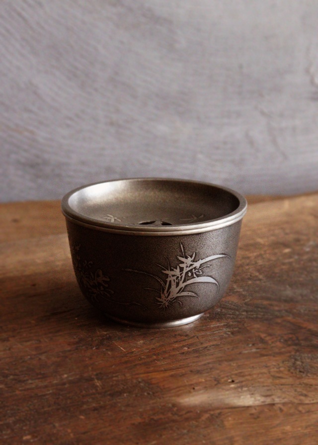 錫製茶器セット 菓子器 茶こぼし 茶則 間村自造 四君子 茶盤