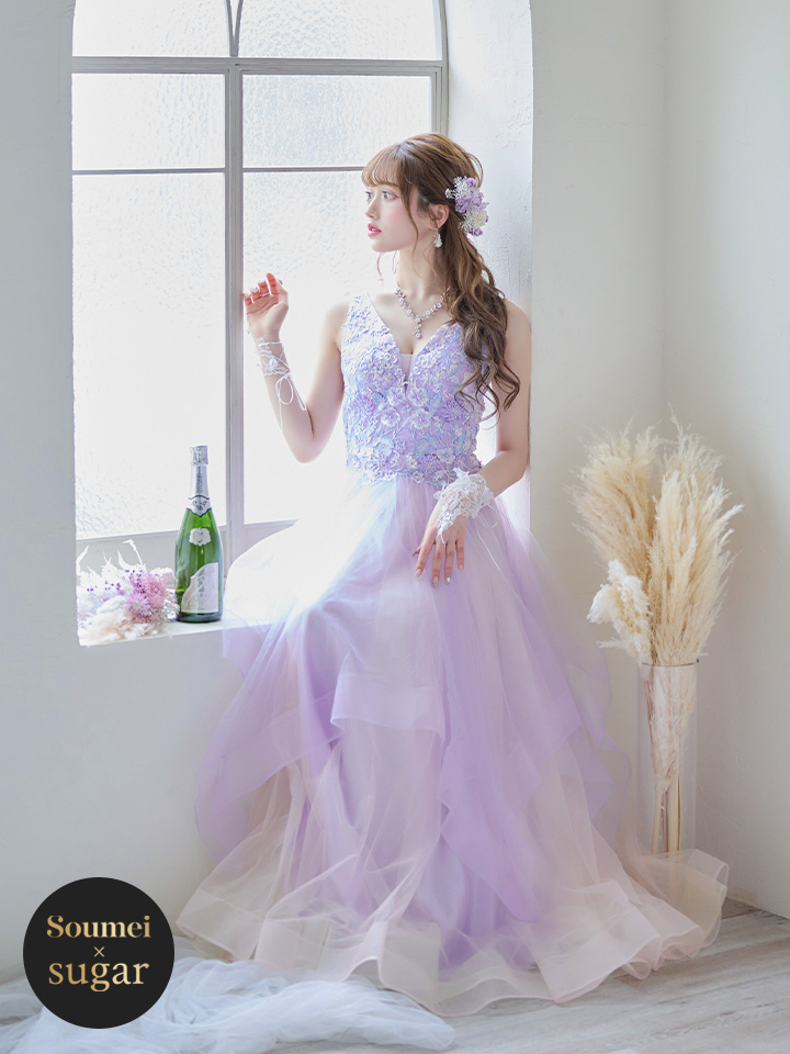 紫色フラワー刺繍Aラインドレス