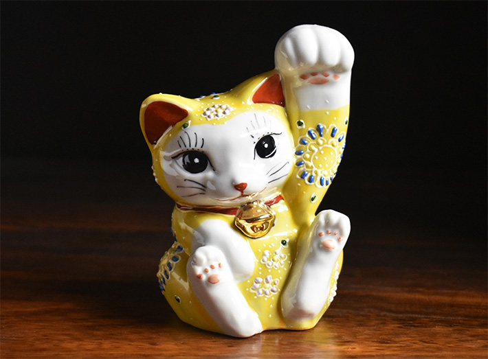 招き猫 陶器九谷焼色盛り上げ高さ29cm 米田陶香堂】九谷焼 盛絵付け