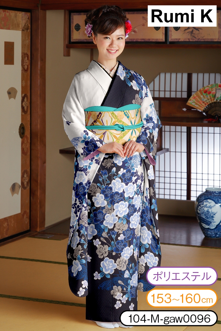 振袖レンタル 振袖Mサイズ ブランド：Rumi K（キクチルミ）洋花 紺/白