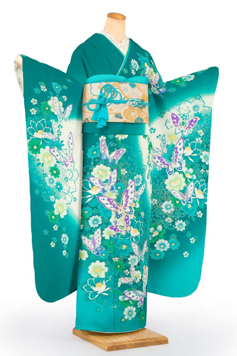 振袖レンタル 振袖LLOサイズ 群蝶 エメラルドグリーン｜着物レンタル