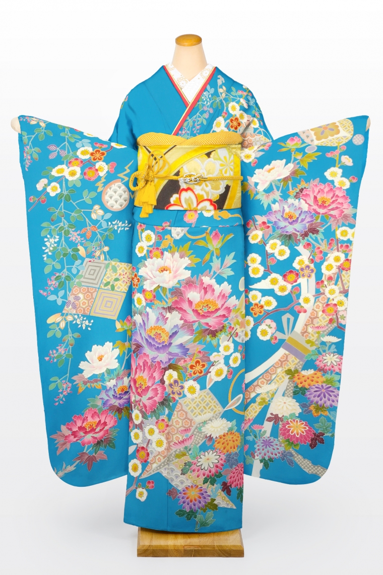 加賀友禅振袖 正絹 藍色 縁起良い柄 成人式 振袖 − 商品一覧｜