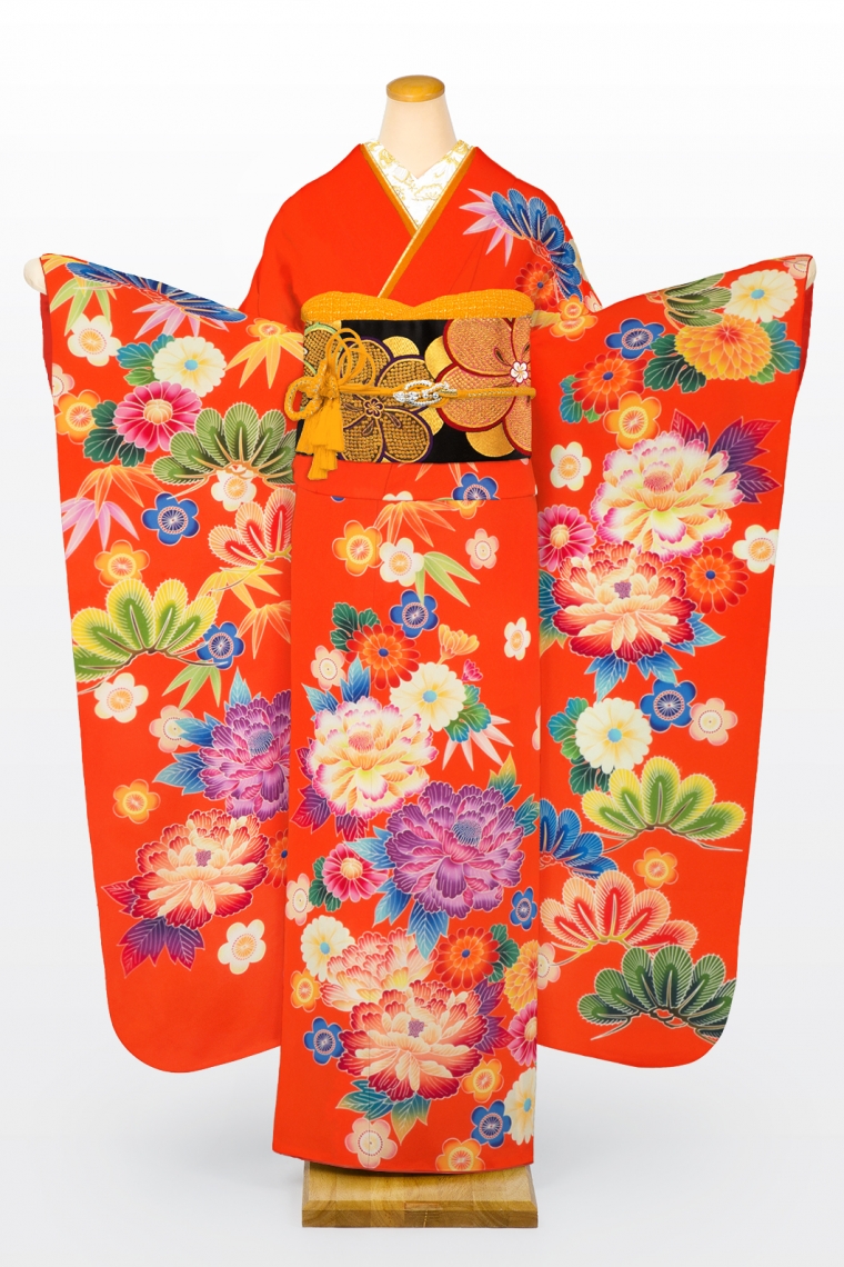 振袖レンタル 振袖Sサイズ 紅型風 牡丹菊に松竹梅 朱赤｜着物レンタル