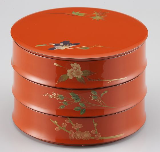 美品】輪島塗 大向高洲堂 五聖蒔絵 四段重箱 台付き お重/弁当箱 漆器