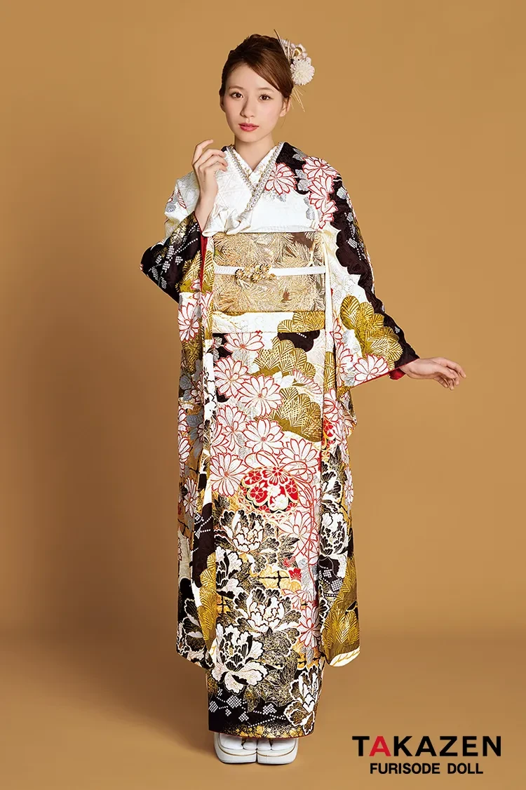 最高級古典柄振袖 滝泰/最高級金彩刺繍絞り友禅 白/金/茶 鞠柄/牡丹柄