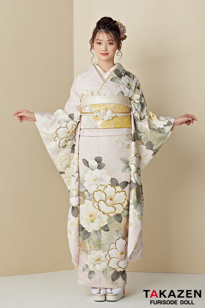 くすみカラー古典 淡い色/薄ピンク 椿柄 かわいい 透明感 統一感のある