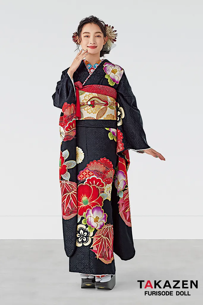 正統派古典 黒/赤 椿柄 シンプル かっこいい 大人っぽい【通販可