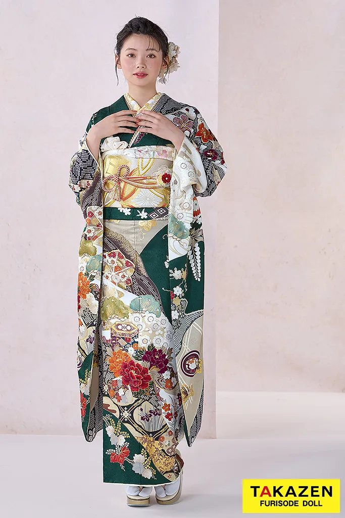 507z48☆鈴乃屋 振袖 古典柄 金彩 たたき染 桜 緑☆美品 成人式 結婚式