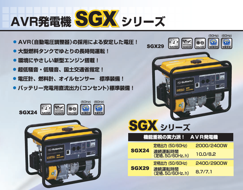 大型燃料タンクでゆとりの運転！AVR発電機SGX24の通信販売・修理