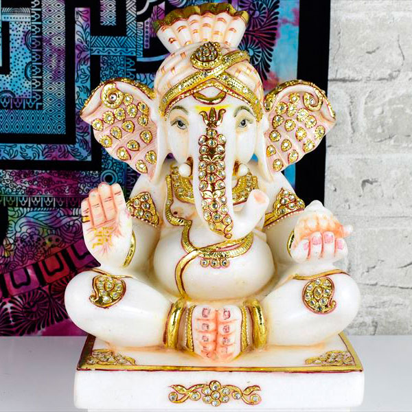 特級品 ガネーシャ像 大理石 置物｜彫刻とペイントが美しい｜アップ