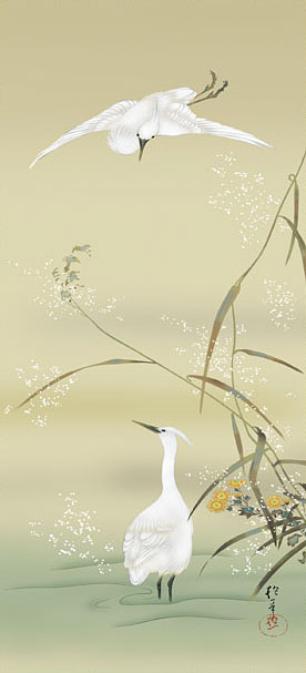 有名作家の掛け軸 酒井抱一作 芦に白鷺図【本格ミニ掛軸】ミニサイズ