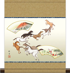 開運・鯉の滝登り 長江桂舟作 吉祥九頭馬 干支の掛け軸 午年/馬 令和8