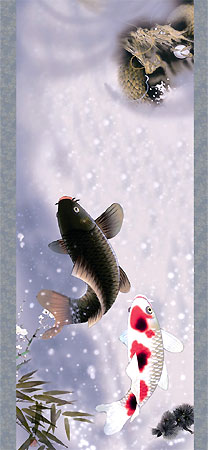 鯉滝登り図】戸田北遥 2705 登竜門 肉筆 掛け軸 - メルカリ 【鯉滝登り図】