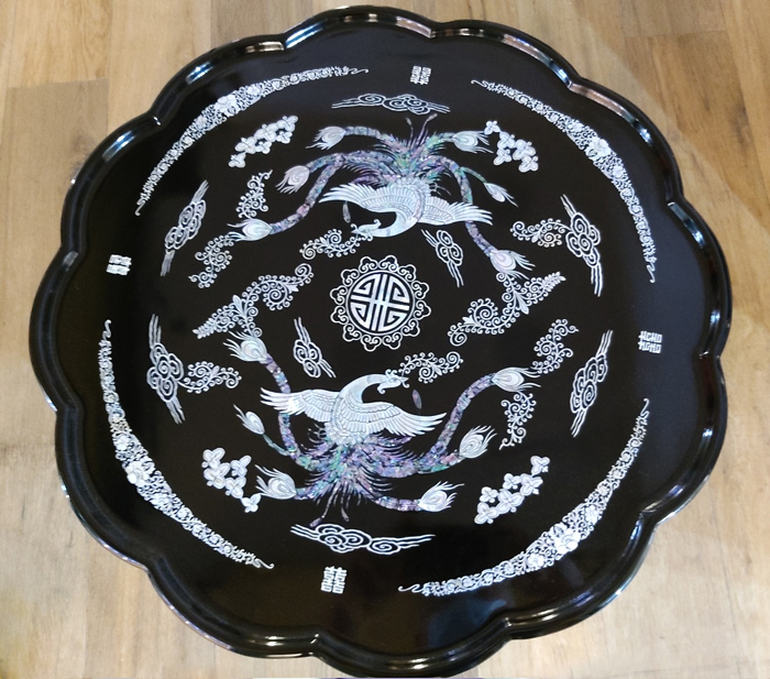 韓国製 螺鈿細工 飾り皿 桹材 金榮萬作 置物 シェル 工芸品 貝細工