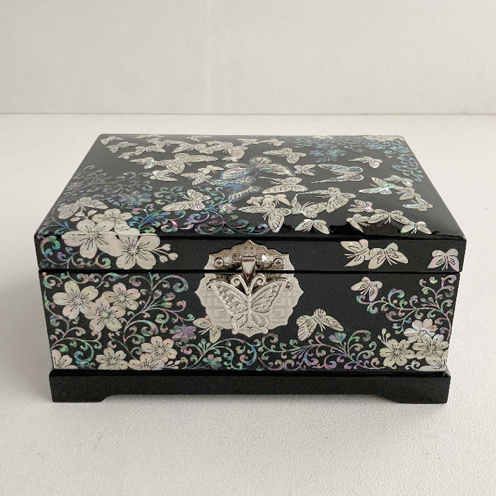 高級】螺鈿と黒漆◇ 宝石箱 ◇小物入れ◇鏡＆オルゴール付き【貝細工