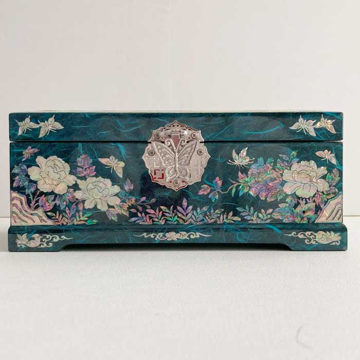 螺鈿の高級ジュエリーボックス 牡丹ブルー 大容量2段スライド収納