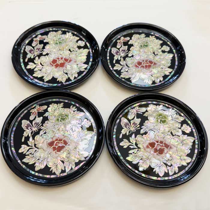 韓国螺鈿茶托(牡丹)4枚セット 食器・螺鈿・漆器 夢市場本店【韓国