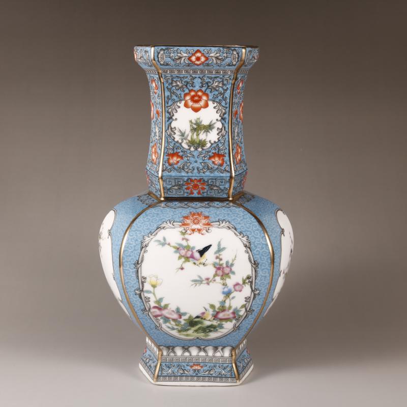 景徳鎮 磁器 琺瑯彩花鳥紋六方瓶 現代工芸品 美術品 装飾品 景徳鎮