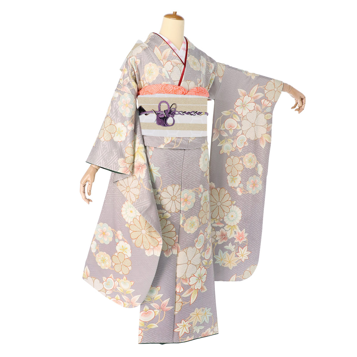 振袖：R052 【訳あり】藤色 紗綾桜に菊☆(絹)│ 振袖レンタル │ 京都