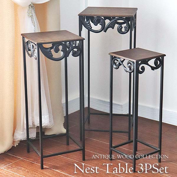 英国アンティーク木製ネストテーブル3台set/収納式机/飾り棚(84-193)