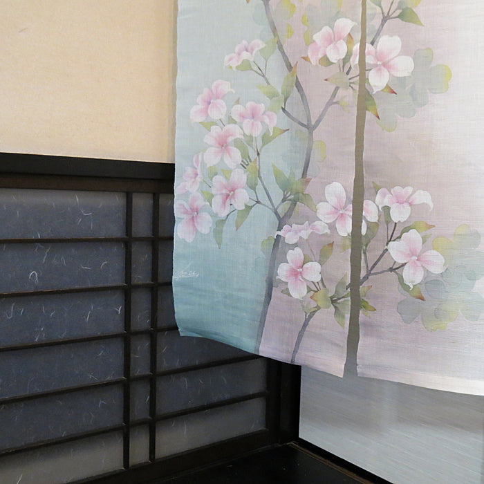 花と十五夜月とススキのデザイン麻のれん 一哉 花と十五夜月とススキの