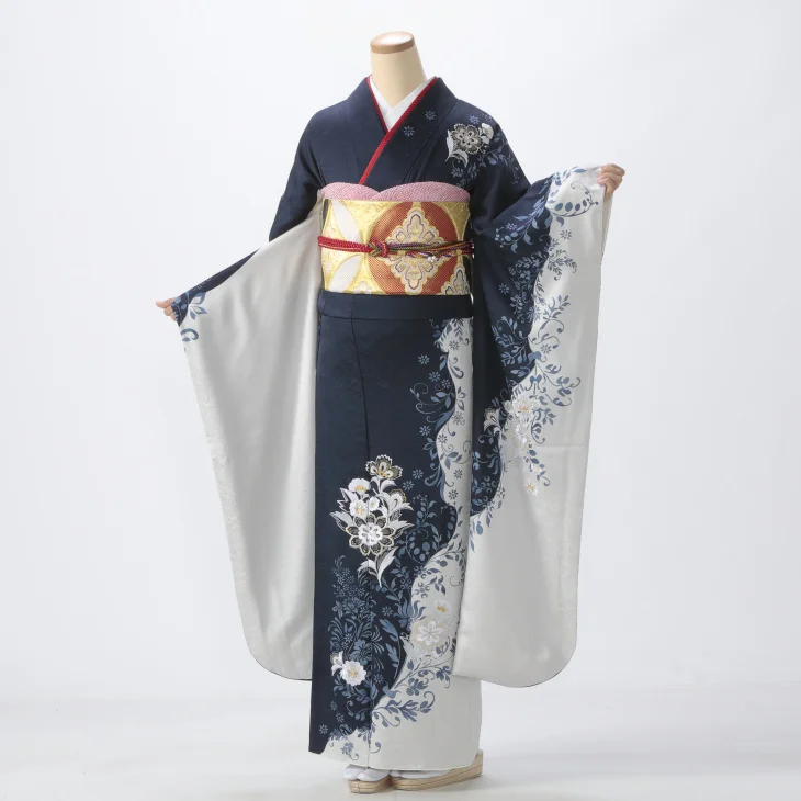 振袖一式青色 花柄 蝶刺繍 f0424096】【青・紺系】振袖 販売 フルセット L