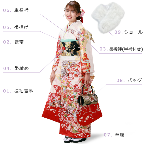 振袖フルセット、正絹振袖セット、半襟重衿、帯揚帯締め、帯、襦袢