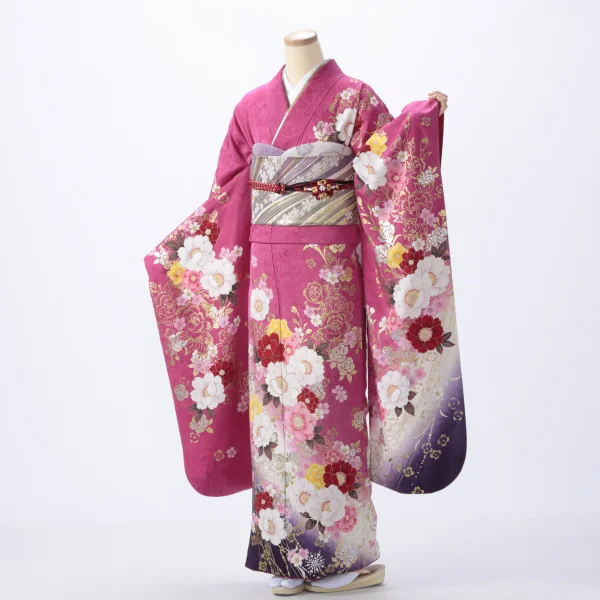 振袖フルセットピンク系 花柄 振袖 黒帯