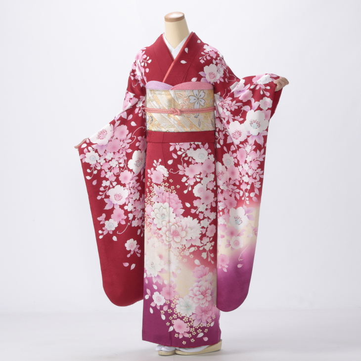 f0314099r】【赤・ワイン系】振袖 レンタル フルセット Lサイズ 【状態