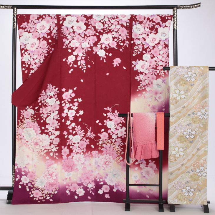 f0314099r】【赤・ワイン系】振袖 レンタル フルセット Lサイズ 【状態