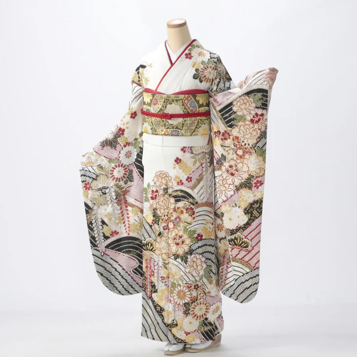 f0524555r】【白・グレー系】振袖 レンタル フルセット Mサイズ 【状態