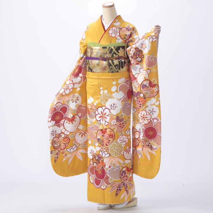 からし色シックな菊の柄の振袖フルセット