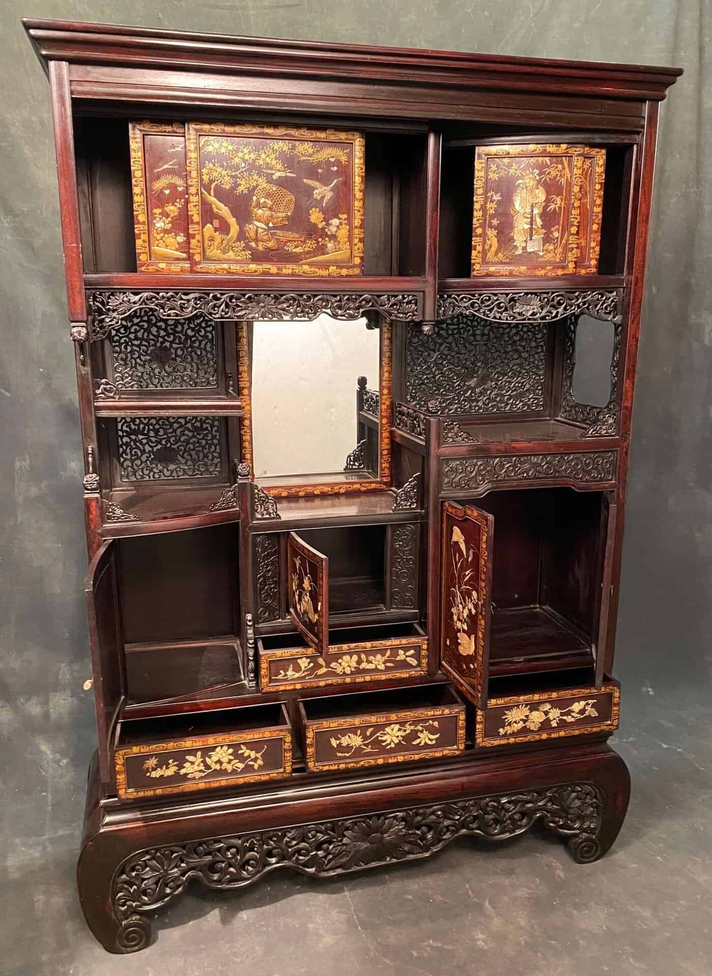 Antique Japanese Shibayama Cabinet Display Tansu Meiji Period