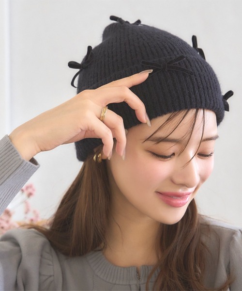 2025年 コムデギャルソン ガール ニット帽 ネイビー リボン付き 2025年