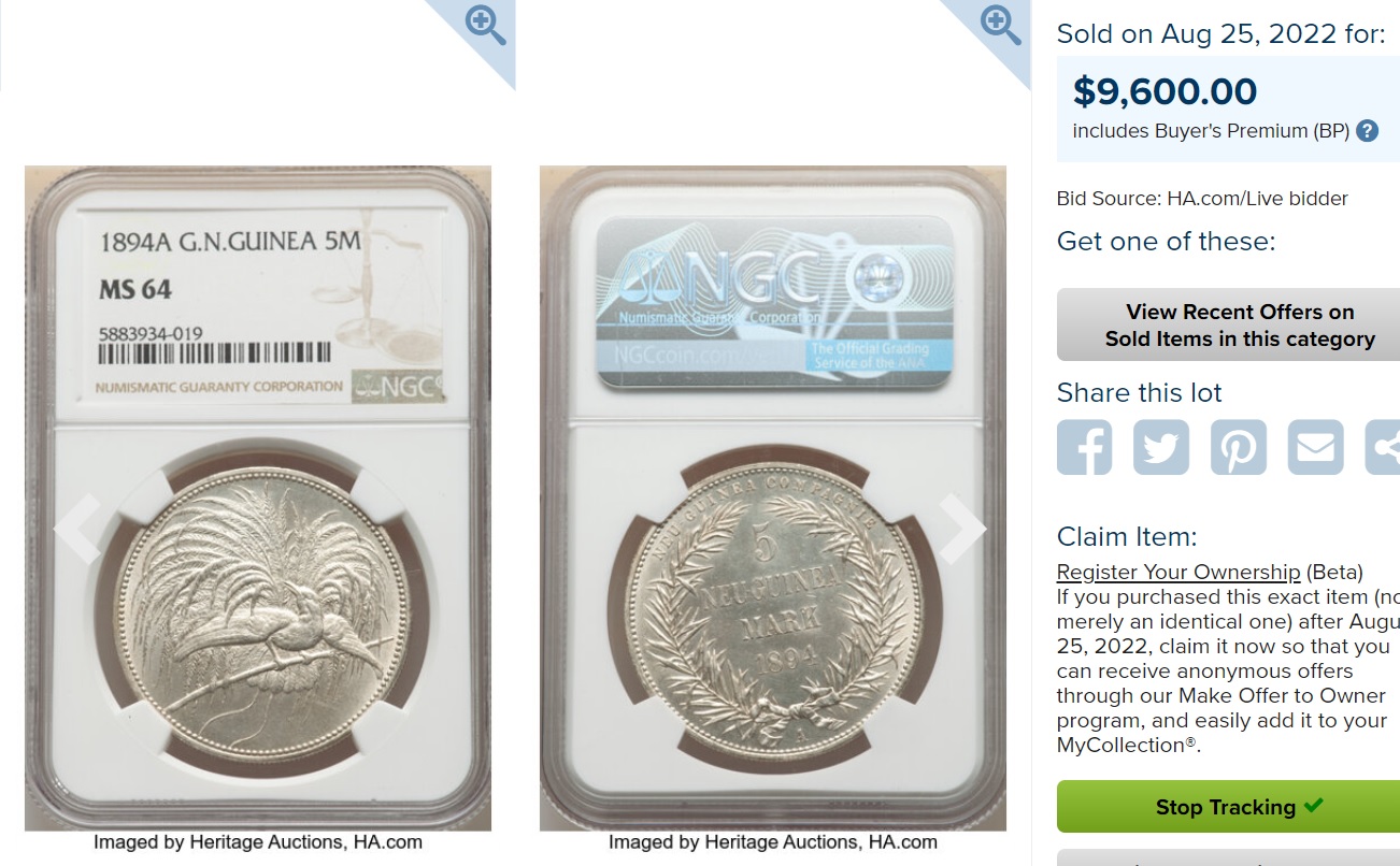 銀貨と言えばこれ！】ドイツ領ニューギニア 1894年 極楽鳥 5マルク銀貨