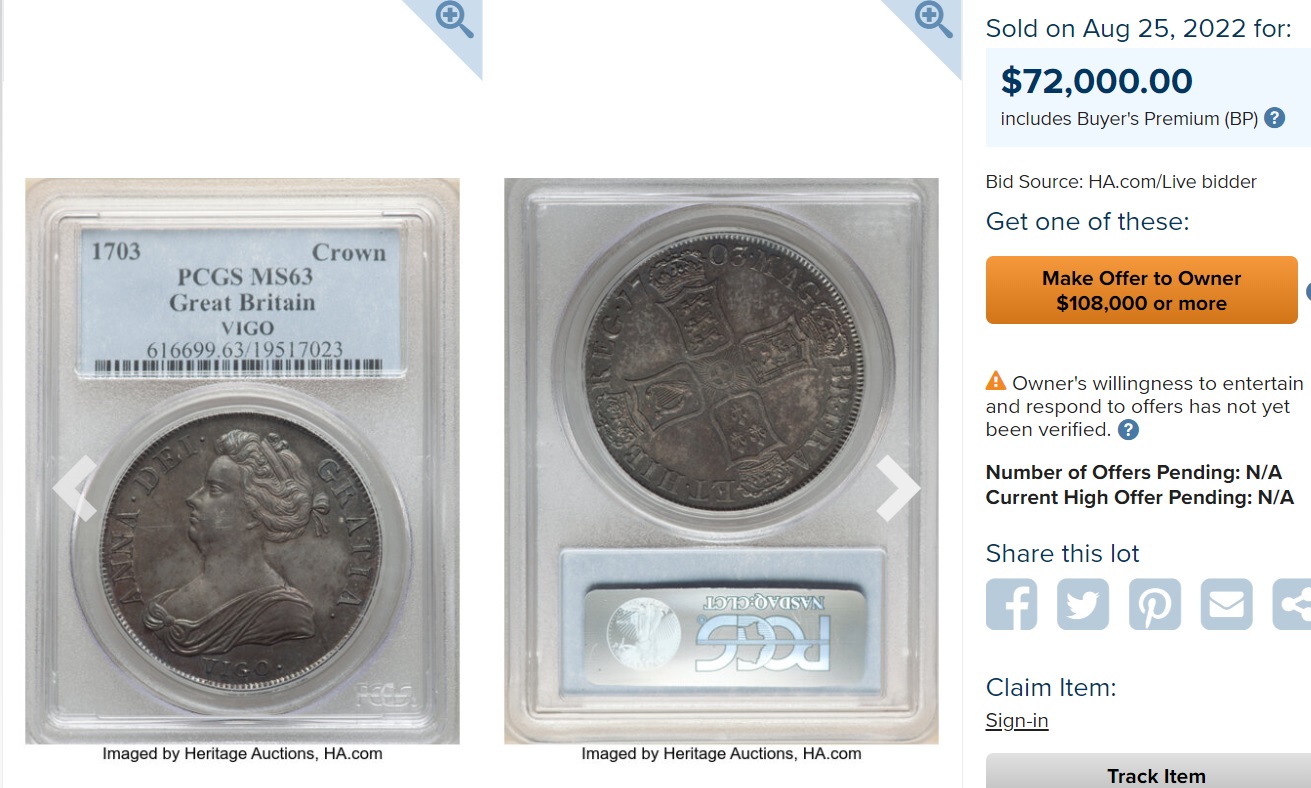 幻のVIGO】1703年アン女王VIGOクラウン銀貨【MS62】 | アンティーク