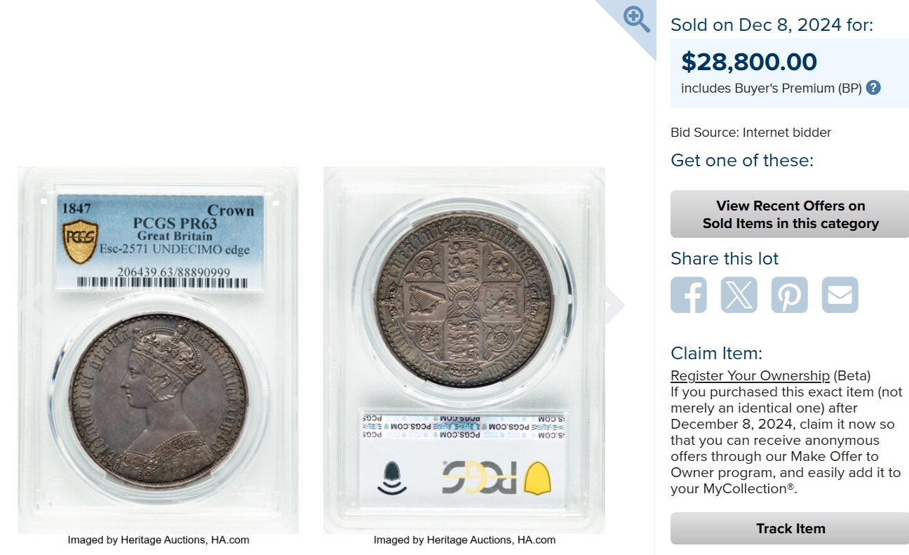 1847年ヴィクトリア女王ゴチッククラウン銀貨【PF63】 | アンティーク